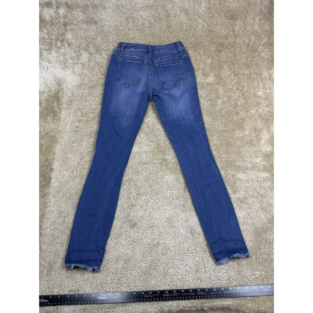 Encore Jeans Skinny Distressed Dark Wash Size 3 Stretch Raw Hem A530 - Picture 6 of 11